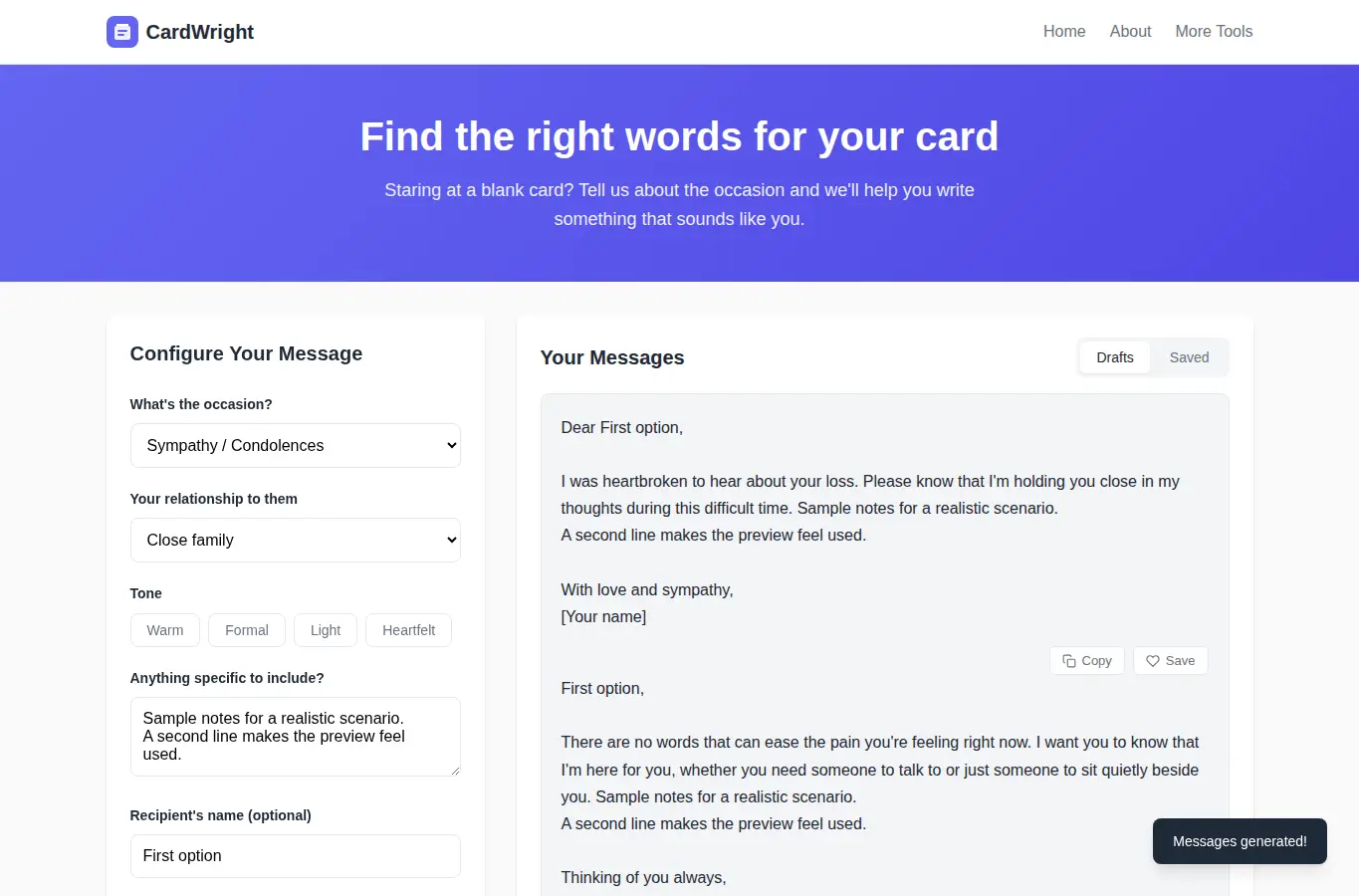 Screenshot of CardWright | Custom Greeting Card Wording Assistant interface showing the project page in use